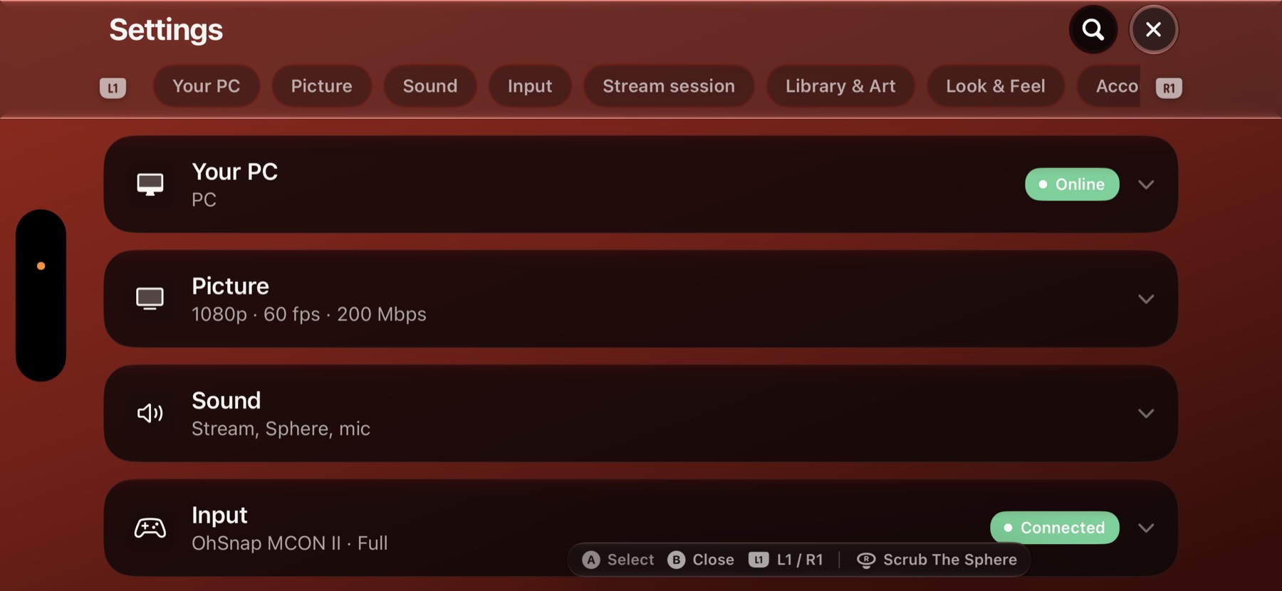 Settings. Your PC is Online, picture is 1080p at 60 fps, and a controller is Connected.
