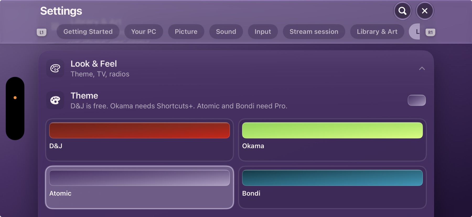 Look and Feel. Theme picker with D and J, Okama, Atomic, and Bondi.